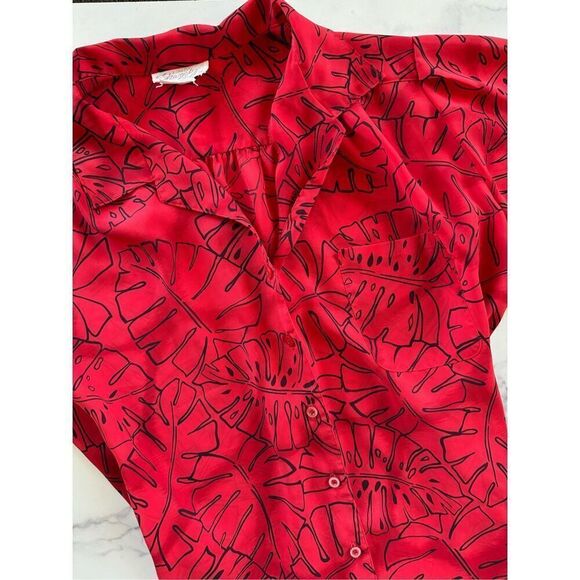 Lady Shapely red monstera leaf plant women’s L button up vintage 90s retro butto - Picture 2 of 8